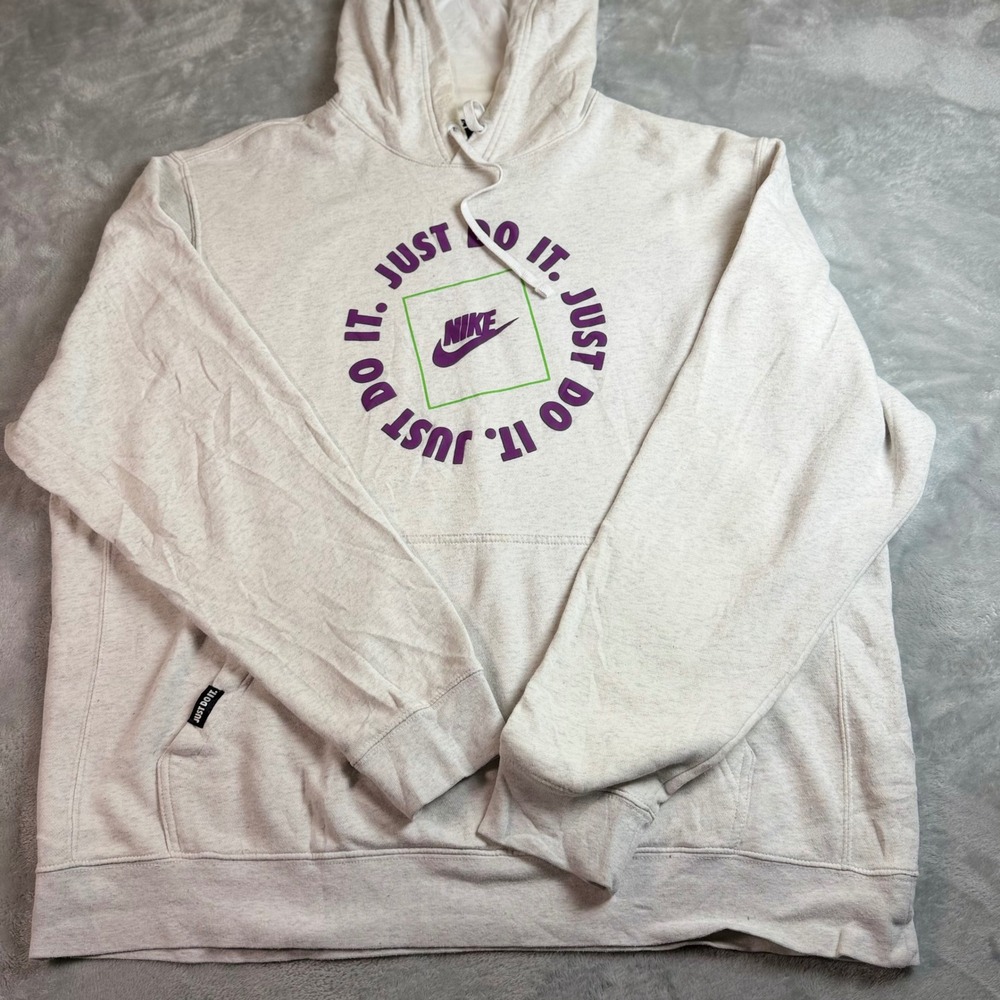 NIKE XL Heather Gray Just Do It Graphic Pullover Fleece Hoodie Purple Green